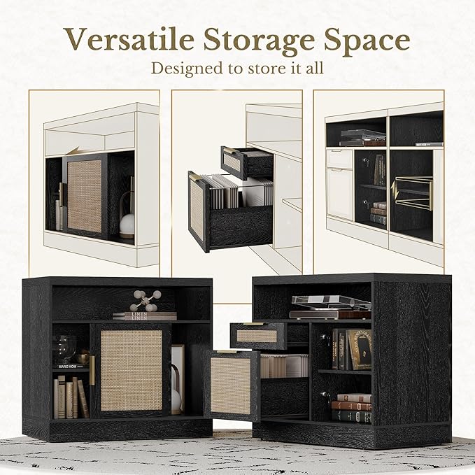 2 Drawer File Cabinet with Lock, 63'' Wood Lateral File Cabinet, Compatible Letter and A4 Size, Rattan Filing Cabinet for Home Office with AC/USB, Adjustable Storage Shelves, Black