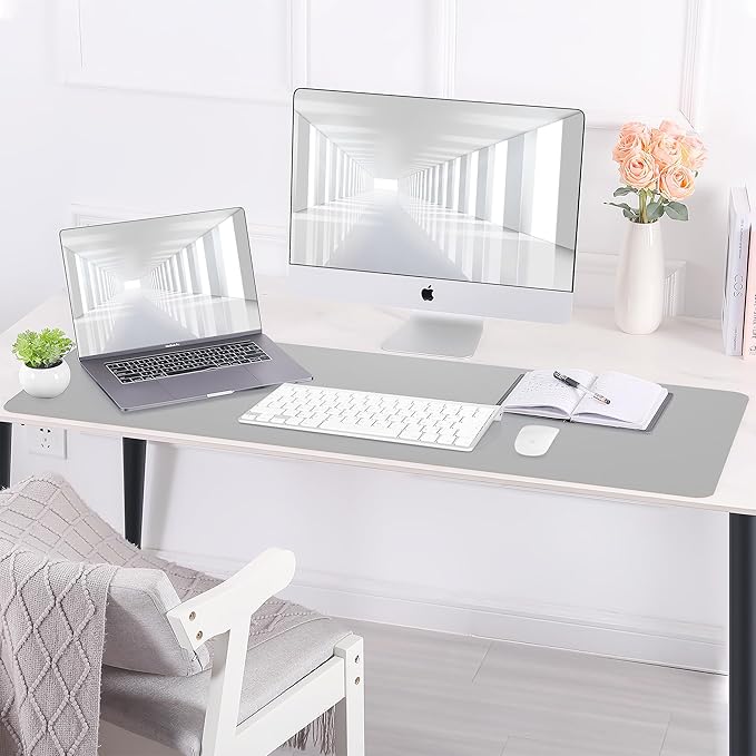 Leather Desk Protector, 47in*23.7in Large Mat with Natural Cork & PU Leather, Mouse Pad, Non-Slip Office Mat, Waterproof Writing Pad for Office and Home (Light Grey)