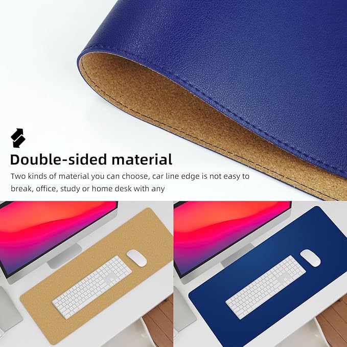 Leather Desk pad Protector, Large Desk mat with Natural Cork & PU Leather,Mouse pad,Non-Slip Office Desk Mat,Waterproof Desk Writing Pad for Office and Home (Sapphire Blue,47in*23in)