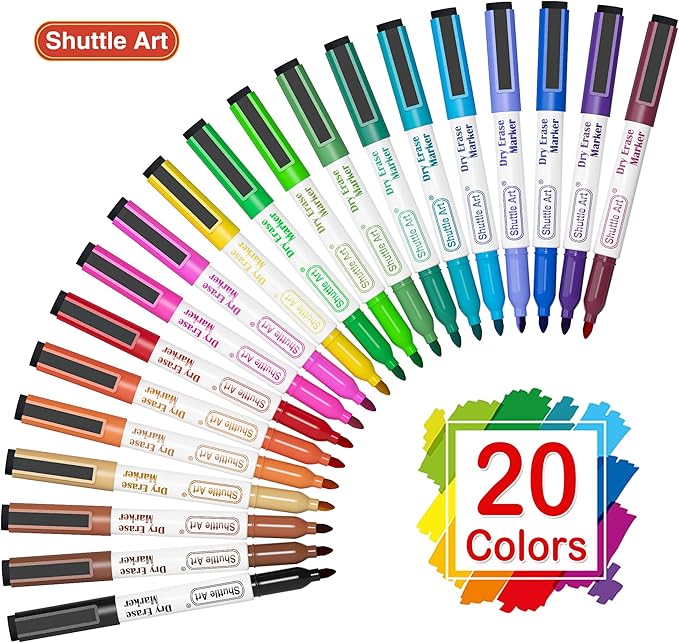 Shuttle Art Magnetic Whiteboard Markers, 20 Pieces Fine Tip and Eraser, Dry Erase Whiteboard Markers, for Writing on Whiteboards, Weekly Planner, Glass for School Office Home
