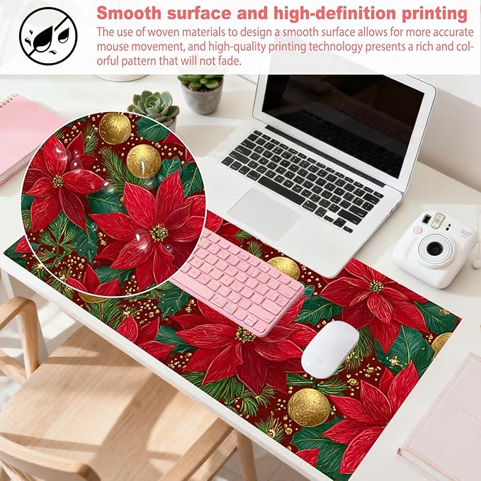 Nuxovilar Professional Large Mouse Pad & Computer Game Mouse Mat (35.4x15.7IN, Christmas Poinsettia & Gold Ornaments) (90 * 40cm Christmas Theme)
