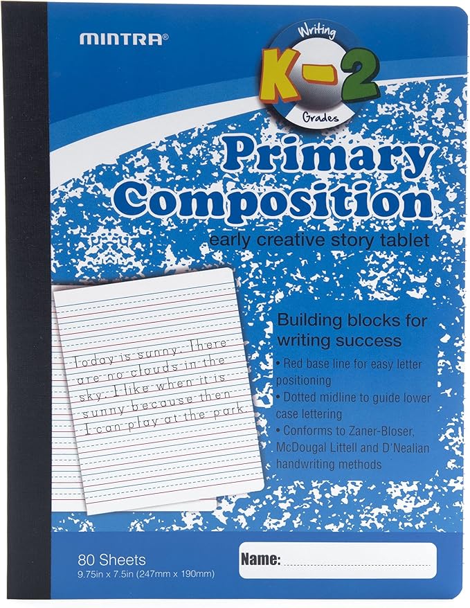 Mintra Primary Composition Notebook, 24 units 6-4 Pack, Blue Cover, 80 Sheets, 7.5in x 9.75in, Full Sheet, Ruled with Drawing Area, Flexible Hardcover Journal, Grades K-2, School & Home Use
