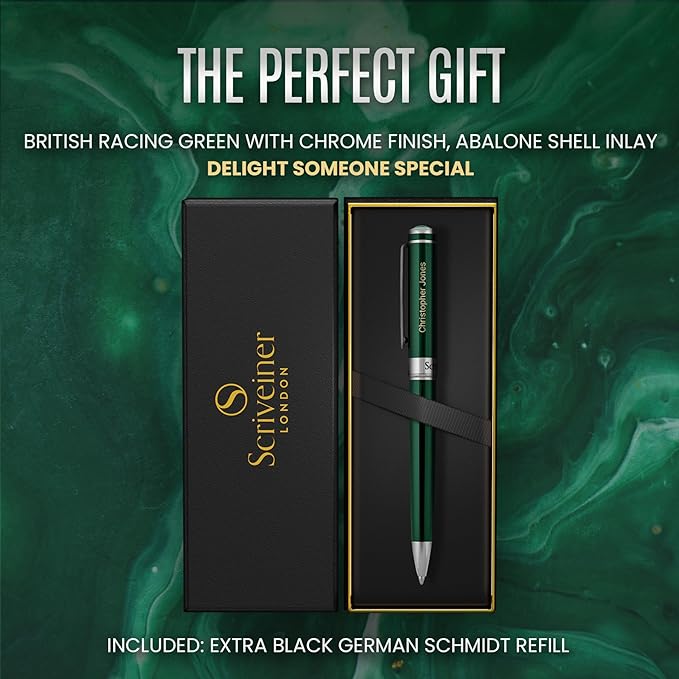Scriveiner Personalized British Racing Green Pen - Stunning Green Lacquer Luxury Pen with Chrome Finish, Schmidt Ink Refill, Best Engraved Ball Point Gift Set for Men & Women, Custom Name Engraving