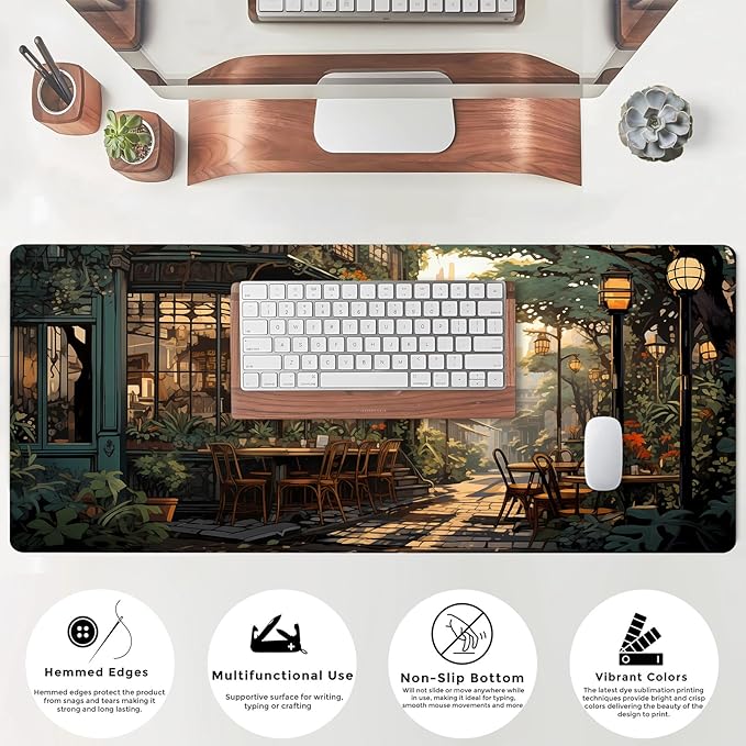 Nostalgic Peaceful Coffee Shop Desk Mat Retro Art Large Gaming Mouse Pad Anime Mousepad Extended XL Green Plants Aesthetic Desk Pad Laptop Keyboard Mouse Mat 31.5"x11.8" Cute Decor