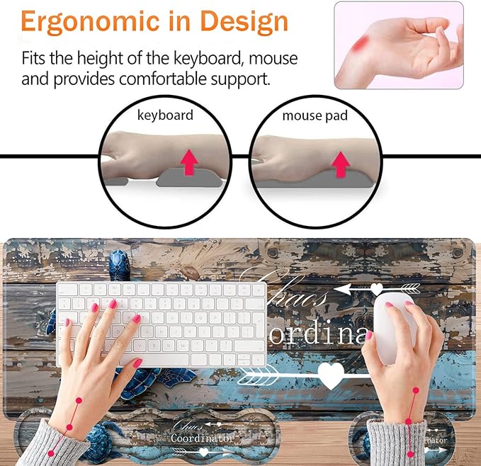 Large XXL Gaming Desk Mat 31.5"x 11.8", Ergonomic Keyboard Wrist Rest & Mouse Pad Wrist Rest + Coaster Set, Non-Slip Base, Memory Foam, Office and Home, Chaos Coordinator