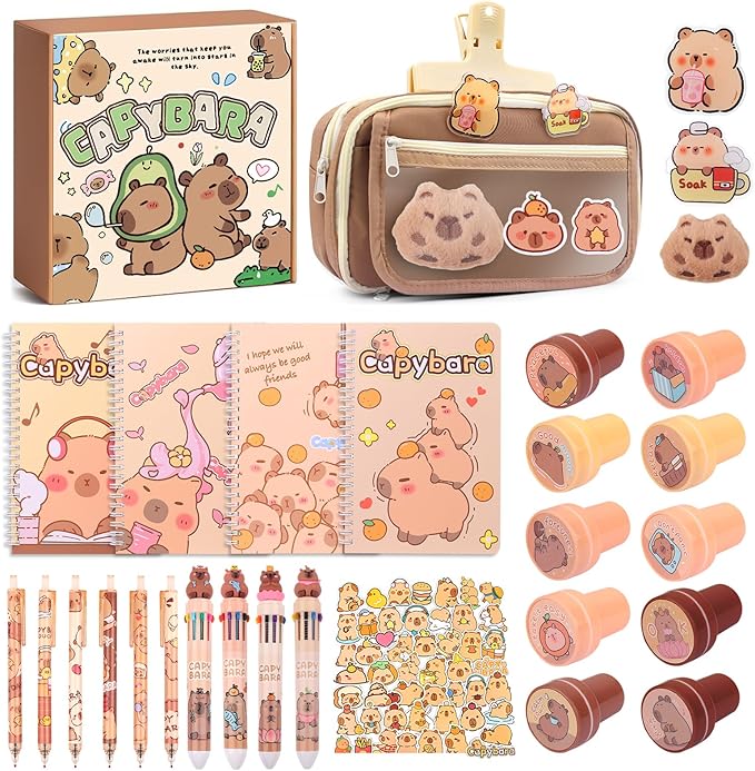 Adorable Capybara Stationery Set, Girls' Stationery Set Includes Pencil Case, Multi-Color Pens, Stickers, Pins, Notebook, Stamps. Perfect Cute Birthday Gift for Kindergarten and Elementary School.