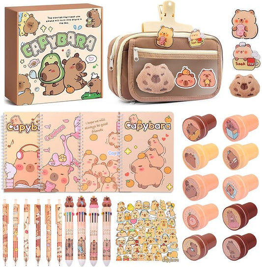 Adorable Capybara Stationery Set, Girls' Stationery Set Includes Pencil Case, Multi-Color Pens, Stickers, Pins, Notebook, Stamps. Perfect Cute Birthday Gift for Kindergarten and Elementary School.