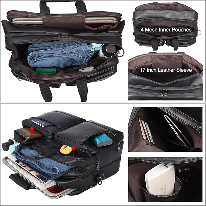 Leather Briefcase for Men Expandable Large 17 Inch Laptop Crossbody Shoulder Bag Business Travel Duffel Attache Case