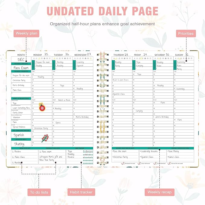 Ospelelf Undated Spiral Bound Planner 2025 2026 Daily, Weekly and Monthly Planners, Pink Teacher Planner 12 Month 8.5 x 11