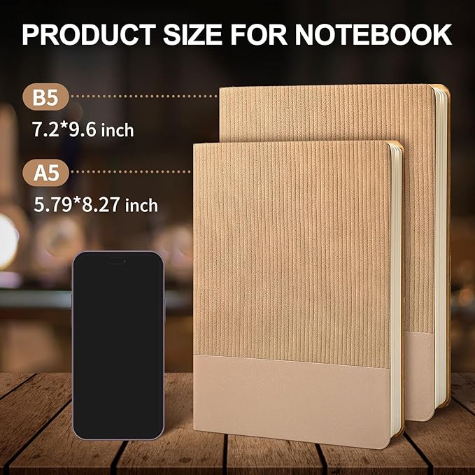 Lined Journal Notebook for Work College Ruled Note Book 5.79"x8.27" A5 PU Leather Daily Journaling 216 Pages for Women Men Writing Home School Supplies Business (Khaki 2pack)