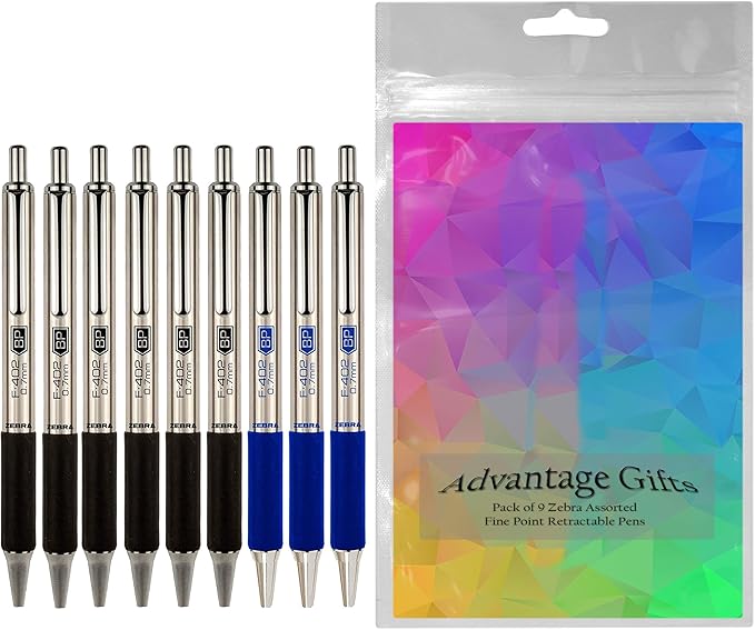 Zebra F-402 Ballpoint Stainless Steel Retractable Pen, Fine Point, 0.7mm, Black/Blue Ink, 9-Count Bundle with Plastic Reusable Pouch