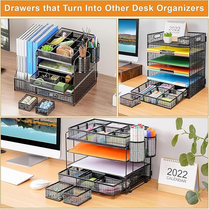 Marbrasse 3 Pack Desk Drawer Organizers with 9 Adjustable Compartments for Makeup, Office Supplies & Accessories (Black)