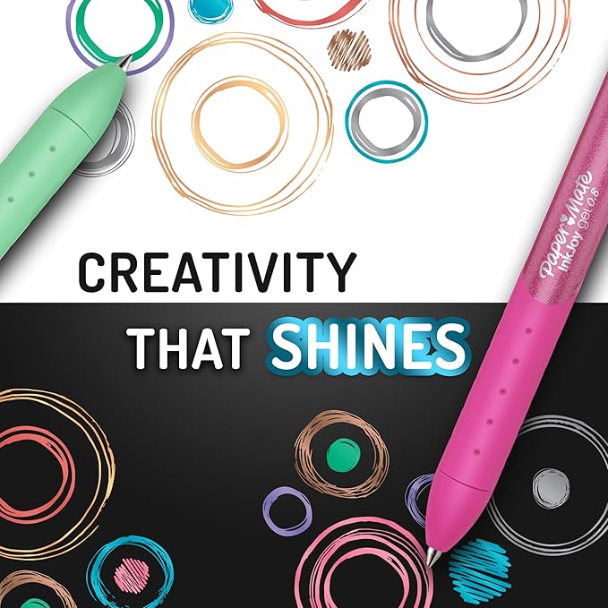 Paper Mate InkJoy Gel Pens, Metallic, Retractable, Medium Point, (0.8mm), Glittery Assorted Colors, 6 Count - Perfect for Writing, Doodling, Bullet Journaling, Glitter, Sparkle, Writing Fun