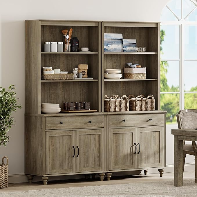 WAMPAT 5 Tier Farmhouse Bookcase 72" Tall Bookshelf with Barn Doors, Large Display Book Shelf with 2 Drawers and Storage Cabinet, Library Wood Bookshelves for Living Room,Kitchen, Wash Grey (2PCS)