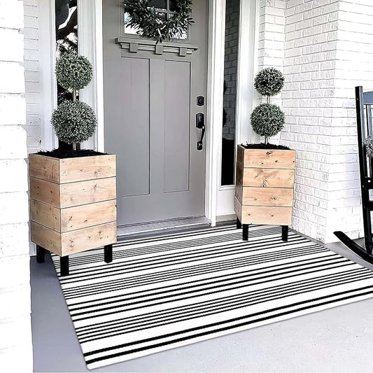 OJIA Black and White Outdoor Rug 3' x 5', Machine Washable Front Door Mats Outdoor, Cotton Hand-Woven Striped Porch Rug Entryway Rug Indoor/Outdoor Area Rug Floor Mat for Farmhouse/Living Room