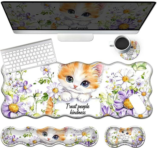4-Piece XXL Gaming Mouse Pad Set (31.5"x11.8") with Keyboard Wrist Rest,Mouse Wrist Support & Coaster,Ergonomic Non-Slip Desk Mat for Office & Home,Cute Cat Flower