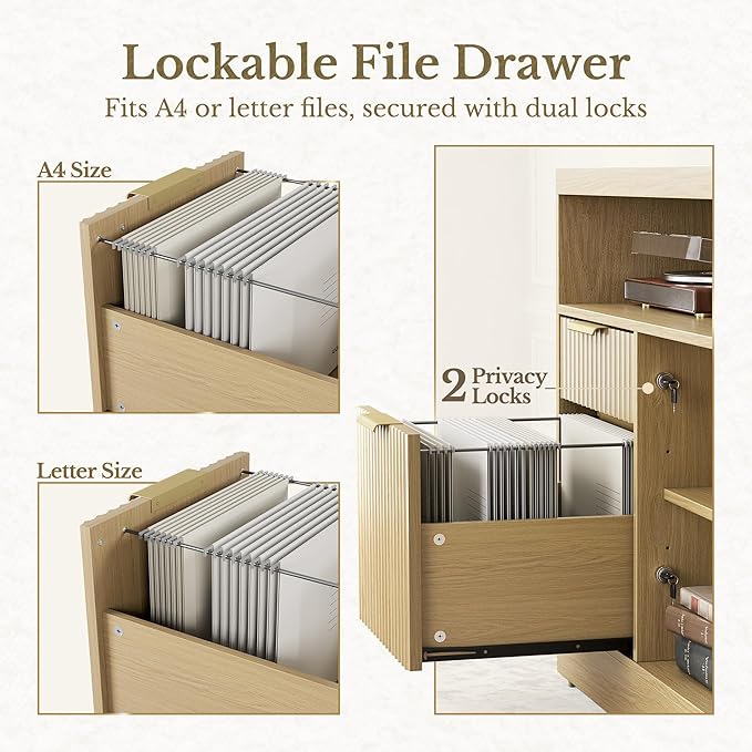 2 Drawer File Cabinet with Lock, 63'' Wood Lateral File Cabinet, Compatible Letter and A4 Size, Fluted Filing Cabinet for Home Office with AC/USB, Adjustable Storage Shelves, Light Walnut