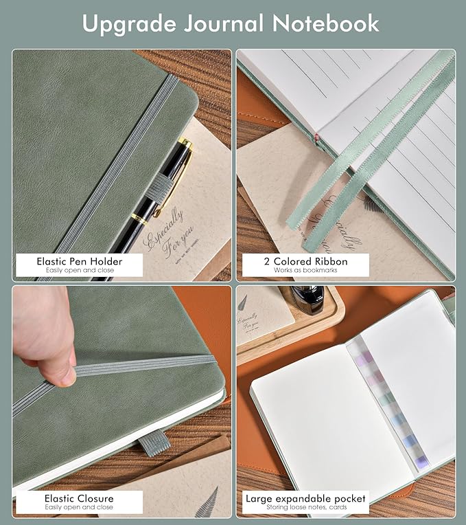 Lined Journal Notebook for Men Women, 200 Numbered Pages Leather Hardcover Journal with Pen, A5 Journaling Notebooks, Thick Paper College Ruled Journals for Writing Work Business 5.75'' X 8.38'' Green