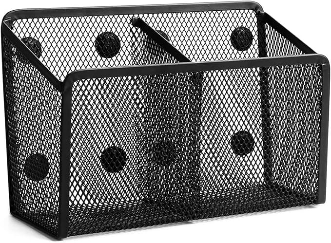 Ameceres Magnetic Pencil Holder - Extra Strong Magnets Mesh Marker Holder Perfect for Whiteboard, Refrigerator and Locker Accessories (2 Baskets, 1 Pack Black)