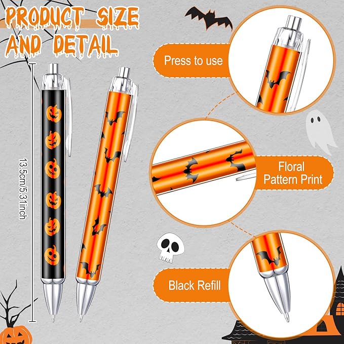 Thenshop 50 Pcs Halloween Pens Bulk Halloween Theme Gel Ink Ballpoint Pens Pumpkin Ghost Bat Spider Pattern Witch Party Favors Appreciation Gifts for Friends Office Employee Work