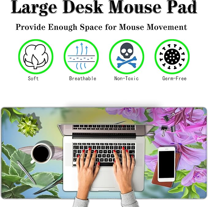 Large Gaming Mouse Pads Hummingbird Desk Mats, Mouse?Mat XXL Desktop Mat, Desktop Mouse Pad Non-Slip Rubber Base Waterproof with Stitched Edges, 35.4 X 15.7 inch for Work/Game/Office/Home
