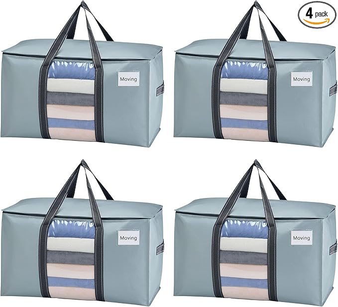 VENO 4 Pack Moving Bags, Moving Supplies, Moving Boxes, College Packing Storage Boxes with Lids Alternative, Heavy Duty Totes, Extra Large, Sturdy Handles, Zipper (Light Blue with Window, 4 Pack)
