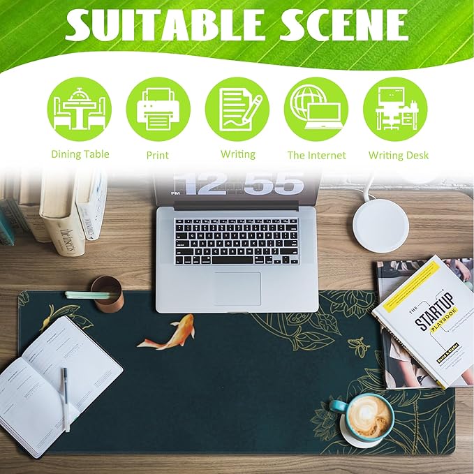 Large Gaming Mouse Pad, Koi Fish Ink Painting Desk Mat, Golden Line Lotus Desk Pad, Extended Big Computer Keyboard Mouse Pad with Non-Slip Base and Stitched Edge, 31.5"x11.8"