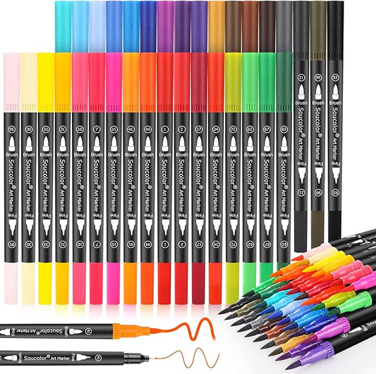 Soucolor Art Brush Markers Pens for Adult Coloring Books, 36 Colors Numbered Dual Tip (Brush and Fine Point) Marker Pen for Kids Note taking Planner Hand Lettering Calligraphy Drawing Journaling