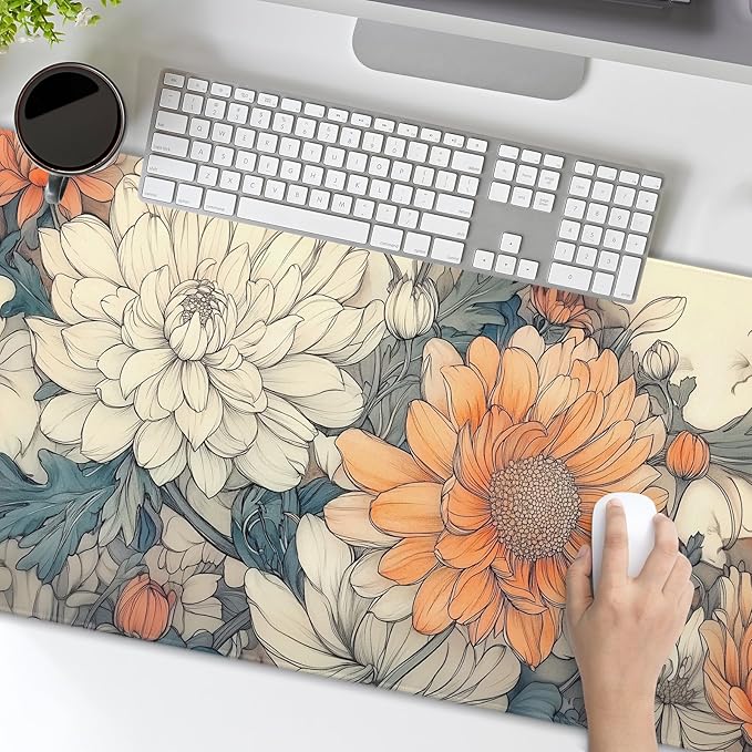Minimalist Floral Gaming Mouse Pad XXL White Orange Aesthetic Flowers Japanese Extended Large Mat Mousepad Non-Slip Rubber Base Stitched Edge Keyboard Pad Playmat for Computer,35.4×15.7 Inch