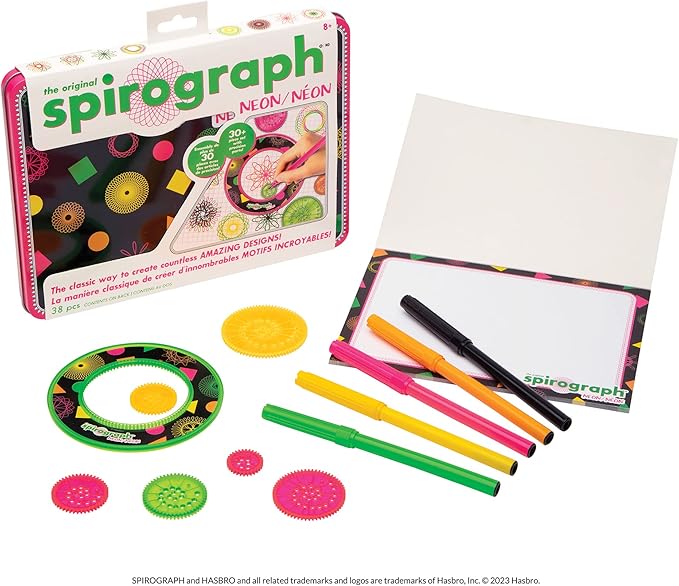 Spirograph Neon Collectors Tin – Arts and Crafts, Kids Toys, Art Supplies, Craft Supplies, Drawing Kit, Spiral Art, Classic Gear Design Kit, Pens, Design Sheet Included, Ages 8+