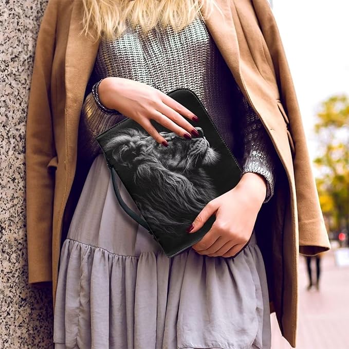 Lotusorchid Lion Print Faux Leather Bible Covers for Men, Portable Zippered Bible Carrying Case Bible Tote Bag for Women Girls, Christian Bible Study Accessories, Black, XL