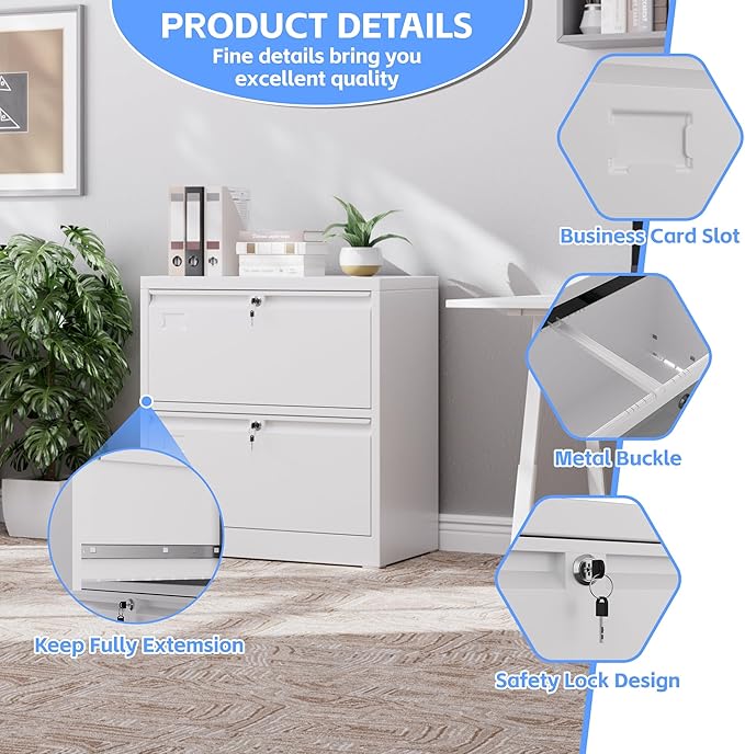METAN Upgrade Metal 2 Drawer Lateral Files Cabinet for Home Office, Lockable Steel Wide File Storage Cabinet for Hanging Legal/Letter A4 Size, Assembly Required,White