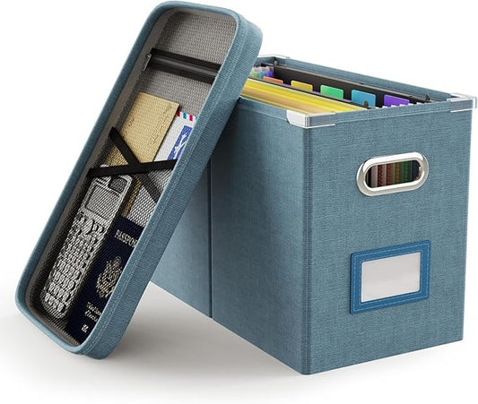 Oterri File Organizer Box with Lid, Hanging Filing File Box with Mesh Pocket, Document Organizer Box for Letter Files, Portable Storage Box with Smooth Sliding Rail for Office&Home (1 PCS, Dark-blue)