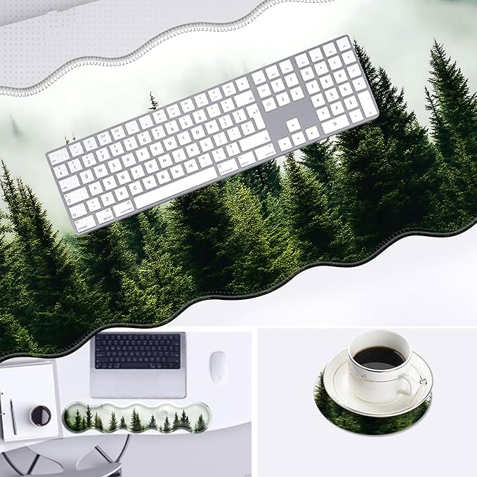 Large Mouse Pad and Keyboard Wrist Rest, Desk Pad for Keyboard and Mouse, 4-in-1 Large Gaming Mouse Pad with Wrist Support, Desk Mat for Home Office Study Game-Forest