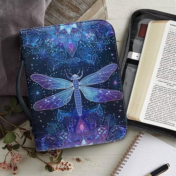 Lotusorchid Dragonfly Print Bible Covers for Women PU Leather Bible Case, Portable Bible Tote Bag Bible Book Carrying Case Christian Bible Accessories with Handle Pocket, Blue, XL