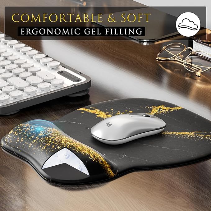 MROCO Ergonomic Mouse Pad with Gel Wrist Rest, Comfortable Mousepad with Smooth Wrist Support Surface and Non-Slip PU Base for Pain Relief, Computer, Laptop, Office & Home, 9.4 x 8.1 in, Black Gold