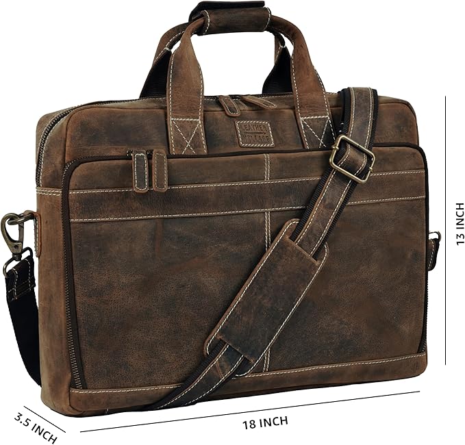 LEATHER VILLAGE 18" Leather Laptop Messenger Briefcase Bag for Men-Leather Satchel for Travel and Office Shoulder Bag-Rustic Brown