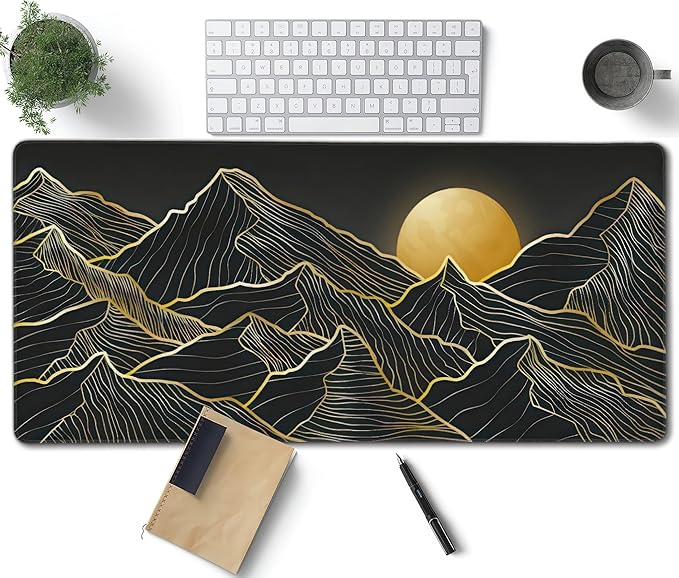 Mountain Line Art Large Mouse Pad, Vintage Aesthetic Gaming Desk Mat, XXL Keyboard Desk Pad Mat for Desktop, 35.4"x15.7" Non-Slip Base Big Mousepad with Stitched Edges