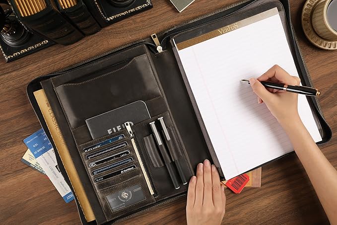 Leather Portfolio for 12.9 inch iPad Pro (2018/2020/2021/2022), Leather Portfolio with Ipad Holder for Letter Size Notepad, Personalized Padfolio for Men (Grey, Non-Custom)