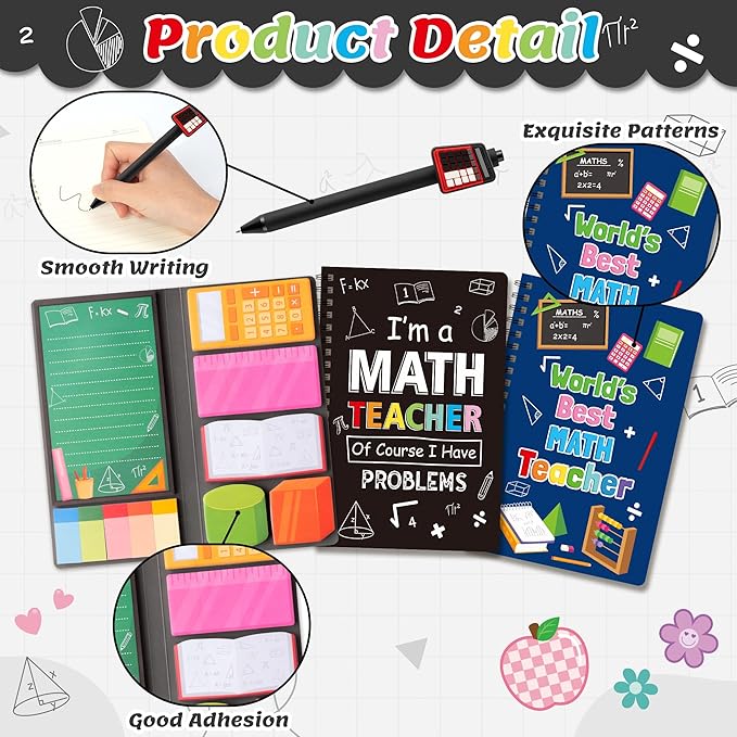 B1ykin Stationery Gift Set - 3Pcs Notebook Sticky Notes, A5 Spiral Notebooks & 550 Sheets Cute Sticky Notes with Pens Kit for Office School Teacher Thanksgiving Supplies (Math Teacher)