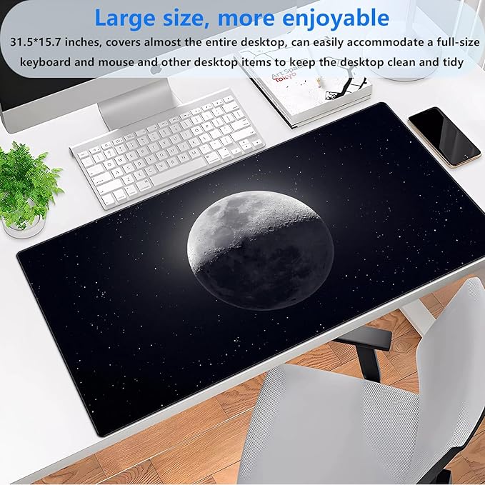 Moon Mouse Pad Sci-fi Galaxy Desk Mat Extended XL Large Gaming Mousepad Dark Computer Pad with Stitched Edges 31.5 x 15.7 inch Keyboard and Mouse pad Office Desk Decoration Pad