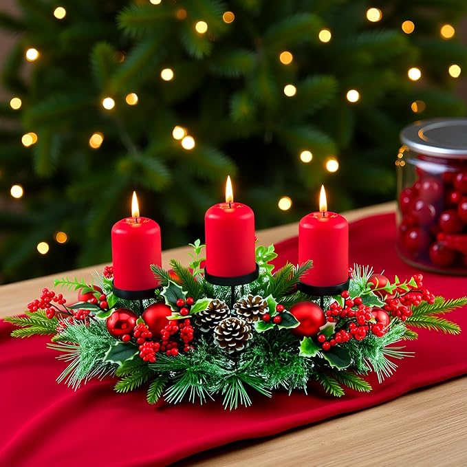 YULETIME 28" Christmas Triple Candelabrum, Holiday Candle Holder with Three Trays, Red Baubles, Natural Pine Cones, Red Berries, Green Leaves Holly, Spruce Branches, Pine Needles