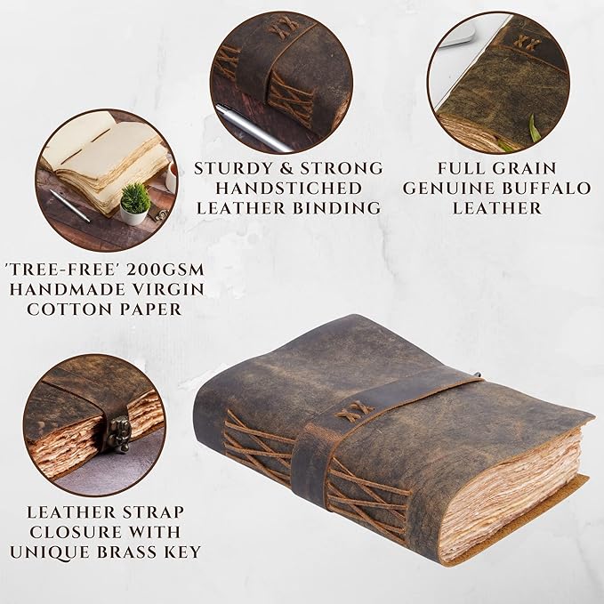 LEATHER VILLAGE Leather Bound Vintage Journal for Women & Men - Book of Shadows - Lock Closure - 200 Pages of Antique Deckle Edges Handmade Paper - Rustic Brown Color - 10 X 7 inches
