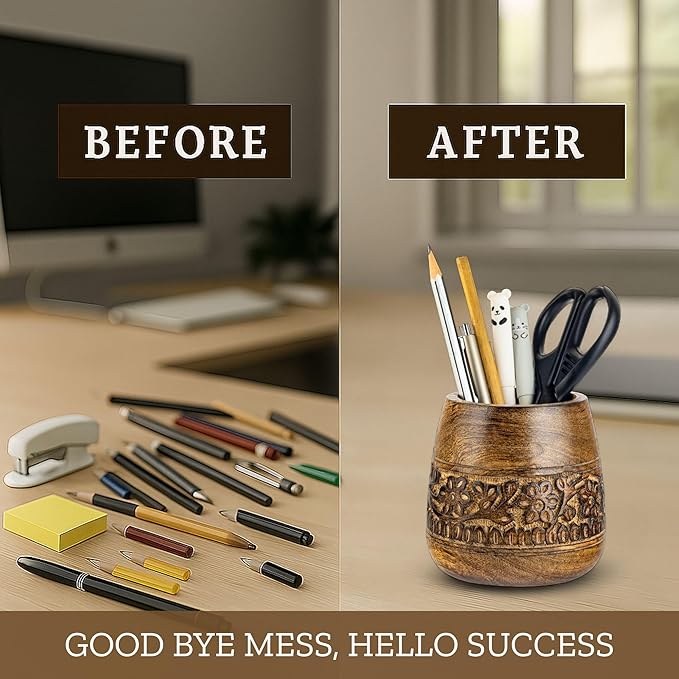 Mie Creations Designer Pencil Holder for Desk Wood | Wooden Pen Stand, Paintbrush Cup, Desk Accessories, Cute Make Up Brush Organizers | Office Desktop Stationery, Christmas Holidays Gift- 4'' Brown