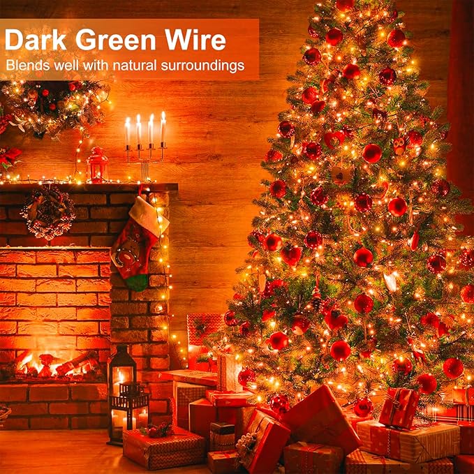 Orange Christmas Lights Outdoor, 66FT 200 LED String Lights for Outside with 8 Modes Waterproof, Plug in Connectable Twinkle Light Green Wire for Indoor Garden Tree Patio Party Decorations