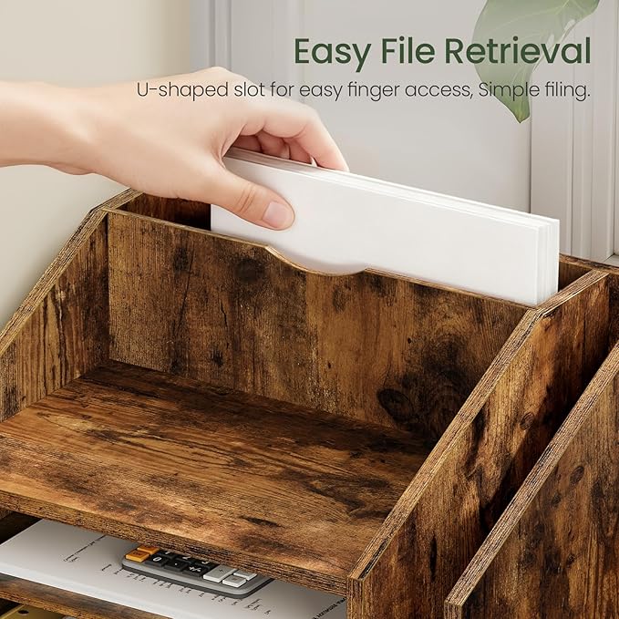 Wooden Desk Organizer with Adjustable Partitions, Multi-Layer Desktop File Holder for Home Office, Paper & Stationery Storage Organizer, Rustic Brown MWJ04FG