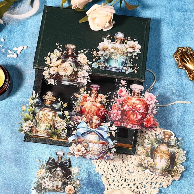 MAFELOE PET Scrapbook Stickers, 4 Packs, 10 Pieces Each, Aesthetic Deco Supplies for Junk Bullet Journaling Card Making Daily Planner-Bottle&Flower Series (TP-WYMH-08)