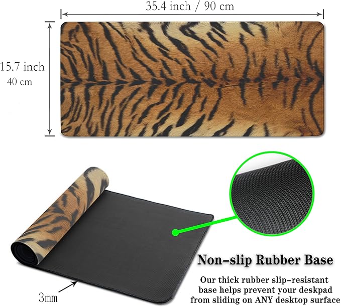 Large Mouse Pad Yellow Desk Pads Gaming Mouse Pads Keyboard Pads Extra Large Gaming Mouse Pad Non-Slip Rubber Base 35.4" X 15.7" for Game Office, Panthera Tigris Corbett Skin Pelt