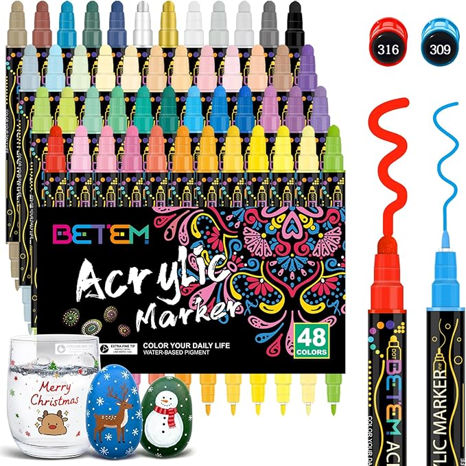 Betem 48 Colors Dual Tip Acrylic Paint Pens Markers, Premium Acrylic Paint Markers Stocking Stuffers for Rock, Wood, Fabric, Glass, Canvas, Ceramic, Christmas Gifts for Teens DIY Crafts Art Supplies