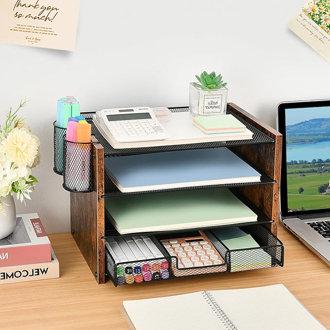 OPNCIE Desk Organizer and Accessories, 4-Tier Paper Letter Tray File Organizer with Drawer & 2 Pen Holder, Office Desk Accessories Workspace Desktop Organizer for Office Supplies(Brown)